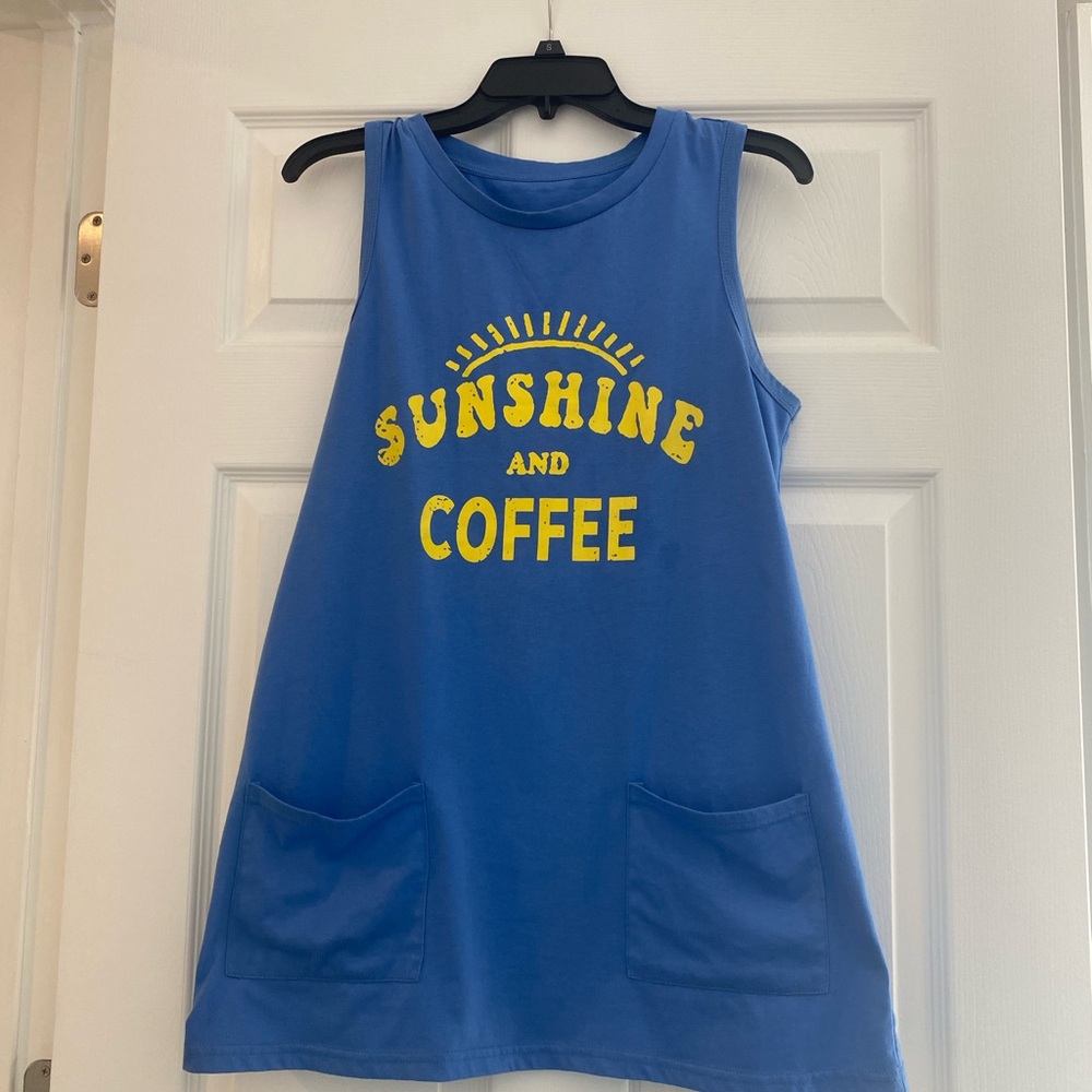 Blue Sleeveless Dress/ Beach Coverup with Yellow Print “Sunshine & Coffee”
